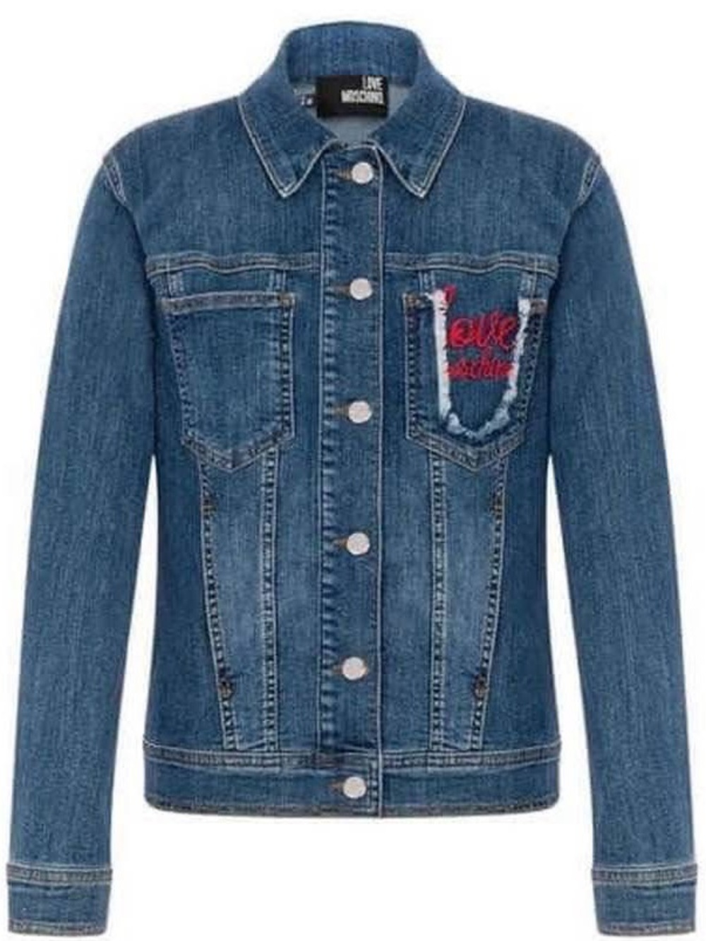Love Moschino Dark Blue Denim Jacket with Red Embroidery